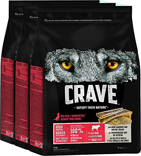 Crave Premium Trockenfutter Rind mit Knochenmark und Urgetreide für Hunde – Getreidefreies Adult Hundefutter mit hohem Proteingehalt – 3 x 2,8 kg von CRAVE
