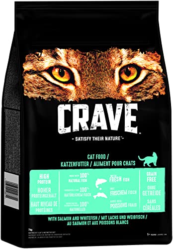 Crave Adult Trockenfutter mit Lachs & Weißfisch, 7kg (1 Beutel) – Premium Katzenfutter trocken mit hohem Proteingehalt und ohne Getreide – Hergestellt mit 100 Prozent natürlichem Fisch von CRAVE