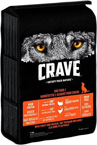 Crave Adult Trockenfutter mit Truthahn & Huhn, 11,5kg (1 Beutel) – Premium Hundefutter trocken mit hohem Proteingehalt und ohne Getreide – Hergestellt mit 100 Prozent natürlichem Huhn von CRAVE