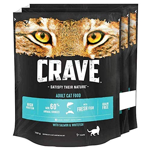 CRAVE Natürliches Getreidefreies Trockenfutter für Katzen, Lachs und Weißfisch, 2,25 kg, 3 x 750 g von CRAVE