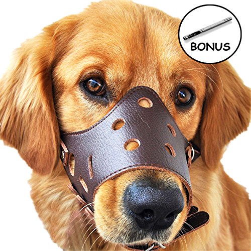 Einstellbare Anti-beißenden Hund Maulkorb Leder, Breathable Sicherheit Haustier Hund Maulkorb Maske für Bissig und Barking (L, Braun) von CRAZYBOY