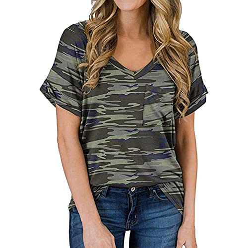 Frauen T-Shirt V-Ausschnitt Tops Damen Bluse T-Shirt Lässig Lose Kurzarm Shirt Sommer Tops (Color : D, Size : XL) von CRMY