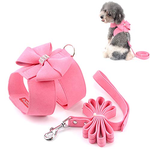 Hundegeschirr und passende Leine Set Mädchen Bling Strass No-Pull Welpenweste Doggie Cat Walking Trainingsgeschirr Weiches Wildlederhalsband verstellbar for Yorkie Chihuahua kleiner Hund Rosa M/3 (Far von CROKZ