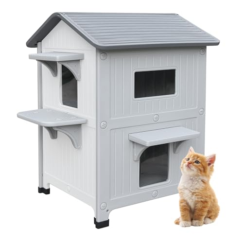 CSQOO Katzenhaus aus Kunststoff, 2-stöckig, mit Fluchttür, wasserdichtes Katzenhaus für Wildkatzen für den Innen- und Außenbereich, stabile Katzenhäuser für Outdoor-Katzen, leicht zu reinigen und CSQOO Katzenhaus aus Kunststoff, 2-stöckig, mit Fluchttür, wasserdichtes Katzenhaus für Wildkatzen für den Innen- und Außenbereich, stabile Katzenhäuser für Outdoor-Katzen, leicht zu reinigen und von CSQOO