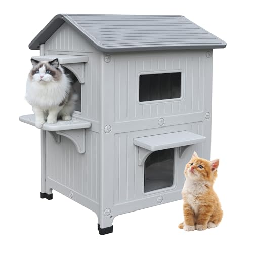 CSQOO Katzenhaus aus Kunststoff, 2-stöckig, mit Fluchttür, wasserdichtes Katzenhaus für Wildkatzen für den Innen- und Außenbereich, stabile Katzenhäuser für Outdoor-Katzen, leicht zu reinigen und von CSQOO