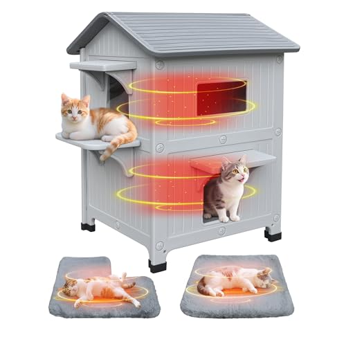 CSQOO Wasserdichtes Katzenhaus für Katzen im Freien, Kunststoff, 2-stöckig, isoliertes Katzenhaus für den Außenbereich, mit weicher Matte & Fluchttür, stabile Katzenhäuser für Katzen im Freien, leicht von CSQOO