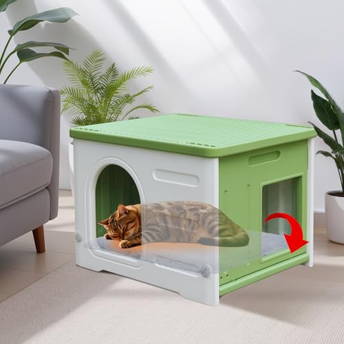 Katzenhaus aus Kunststoff, für draußen und drinnen, Wildkatzenhäuser, wasserdichtes Katzenhaus für wilde Katzen, Außenkatzenunterstand für kleine Haustiere, einfache Montage und Reinigung, Grün Katzenhaus aus Kunststoff, für draußen und drinnen, Wildkatzenhäuser, wasserdichtes Katzenhaus für wilde Katzen, Außenkatzenunterstand für kleine Haustiere, einfache Montage und Reinigung, Grün von CSQOO