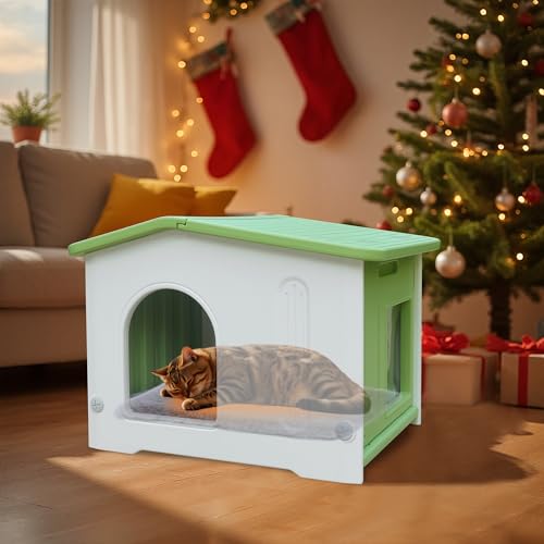 Katzenhaus für den Außenbereich mit Fluchttür, wildes Katzenhaus mit selbstwärmender Matte, wasserfest, großes Katzenhaus für 1–2 Katzen, leicht zu montieren, Grün Katzenhaus für den Außenbereich mit Fluchttür, wildes Katzenhaus mit selbstwärmender Matte, wasserfest, großes Katzenhaus für 1–2 Katzen, leicht zu montieren, Grün von CSQOO