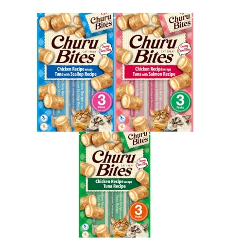 Churu Bites Katzenmischungen | weiche Snacks | Feuchtigkeitsversorgung | (12 x 3 x 10 g, 4 x Thunfisch, 4 x Lachs, 4 x Jakobsmuschel) von CT-TRONICS