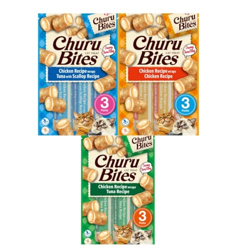 Churu Bites Katzenmischungen | weiche Snacks | Feuchtigkeitsversorgung | (12 x 3 x 10 g, 4 x Thunfisch, 4 x Muscheln, 4 x Huhn von CT-TRONICS