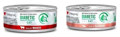 Disugual Diabetiker-Katze, besondere Ernährungsbedürfnisse, verschiedene Geschmacksrichtungen und Mischungen, (12 x 85 g, 6 x Rindfleisch, 6 x Lachs) von CT-TRONICS