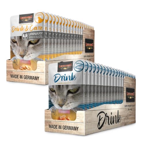 Leonardo Drink [Packung mit 2 Boxen à 20 x 40 g, insgesamt 40 Umschläge] Katzengetränk | Fleischbrühe mit Streifen | Ergänzungsfutter für Katzen (Huhn und Lachs) von CT-TRONICS