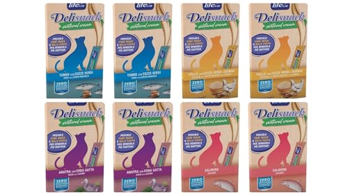 Life Cat | Gesunde Snacks für Katzen | Packung mit 8 Stück x 6 Beutel x 15 g (2 x Thunfisch mit Grünmuscheln, 2 x Ente mit Katzenminze, 2 x Lachs, 2 x Huhn mit grünen Muscheln und Quinoa) von CT-TRONICS