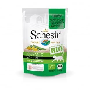 SCHESIR Bio Nassfutter für Katzen, 16 Beutel x 85 g (Huhn und Schweinefleisch mit Kürbissen auf Patte) von CT-TRONICS