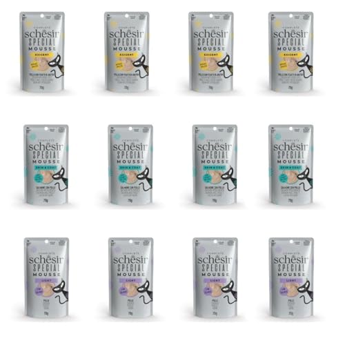 Schesir Special Nassfutter für anspruchsvolle Katzen, 12 x 70 g (4 x Skin&Coat Lachs mit Huhn, 4 x Hähnchen mit Entenleber) von CT-TRONICS