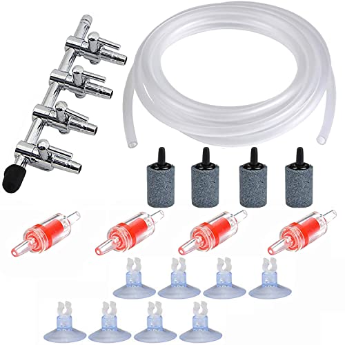 CTRICALVER Aquarium Luftpumpe Zubehör, 4wege-Luftstromregelung Wasserpumpensplitter Verteilerhebeladapter, 5M Luftschlauch, Sauerstoff Stein, Rückschlagventile, Saugnapf-Clips von CTRICALVER