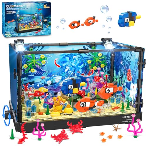 CUBIMANA Aquarium Bauspielzeug mit LED-Licht, 697 Stück Fish Tank Bausteine Set mit Quallen, Meereslebewesen Klemmbausteine mit Fischen, Geburtstags Geschenk für Kinder Jungen Mädchen ab 8-12+ Jahren von CUBIMANA
