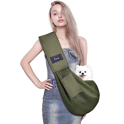 CUBY Reversible Pet Dog Sling Puppy Carrier Hands-free Sling Pet Dog Cat Bag Carrier Soft Comfortable Puppy Kitty Double-sided Pouch Shoulder Carry Tote Handbag (mesh green Non-adjustable) von CUBY
