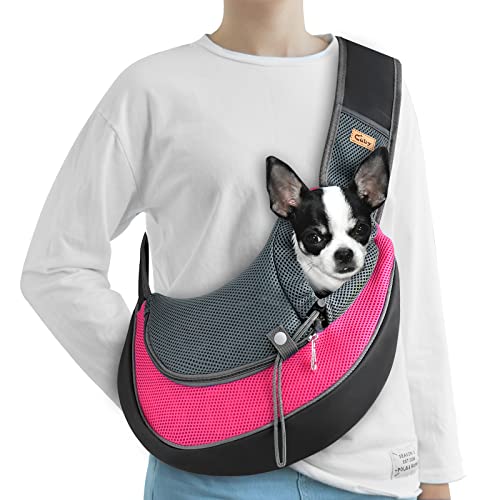 CUBY Pet Sling Carrier for Puppy Dog, Dogs Sling Carrier Breathable Safety Front Pocket Pet Sling Carrier, Hands-Free Mesh Bag with Adjustable Shoulder Strap for Outdoor and Travel (S, Pink) von CUBY