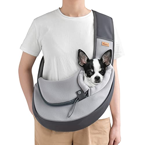 CUBY Pet Sling Carrier for Puppy Dog, Dogs Sling Carrier Breathable Safety Front Pocket Pet Sling Carrier, Hands-Free Mesh Bag with Adjustable Shoulder Strap for Outdoor and Travel (Grey, L) von CUBY