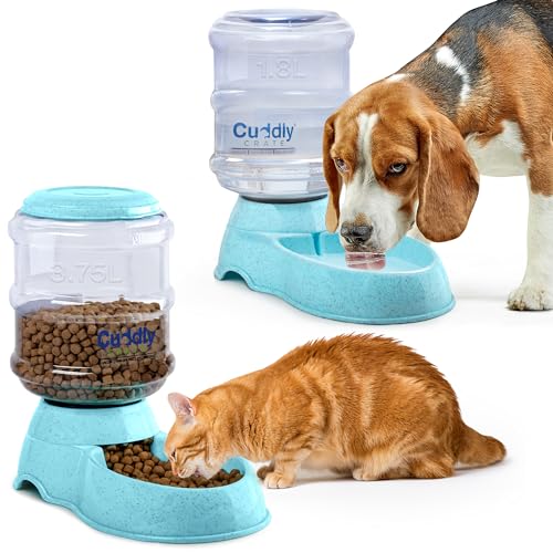 Cuddly Crate Futter- und Wasserspender für Hunde, selbstfütterend, 3,75 l, automatischer Futterspender für große Hunde, auslaufsicher, Schwerkraft-Katzenfutterstation und Wasserspender, Blau, 2 Stück von CUDDLY CRATE