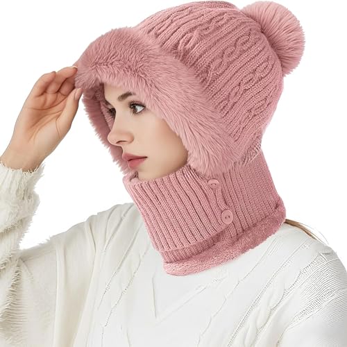 CUEMOON 2 in 1 Winter Schal Hut Set, Damen Sturmhaube Strickmütze, Fleece Kapuze Gesichtsmasken Halswärmer, für Ski Outdoor, Rosa, Circonferenza della testa 55-60CM von CUEMOON