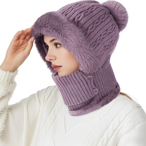 CUEMOON 2 in 1 Winter Schal Hut Set, Damen Sturmhaube Strickmütze, Fleece Kapuze Gesichtsmasken Halswärmer, für Ski Outdoor, violett, Circonferenza della testa 55-60CM CUEMOON 2 in 1 Winter Schal Hut Set, Damen Sturmhaube Strickmütze, Fleece Kapuze Gesichtsmasken Halswärmer, für Ski Outdoor, violett, Circonferenza della testa 55-60CM von CUEMOON