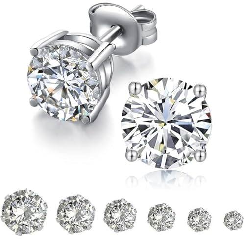 CUEMOON 6 Paar Ohrringe Herren Diamant, Damen mit kubischem Zirkonia, Ohrringe aus Edelstahl, hypoallergene Ohrringe für Damen, Ohrringe Lichtpunkte, 3~8 mm Glitzer Diamant Ohrring von CUEMOON