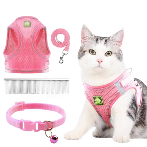 CUEMOON Hundegeschirr und Leine, atmungsaktives verstellbares Geschirr, reflektierendes Geschirr für Welpen, Set mit Geschirr und Leine für Welpen, Katzen und Kätzchen, M (Rosa, S) von CUEMOON