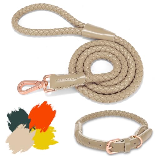 Hundehalsband und Leine, weiches Leder, stilvoll, robust, geflochten, wasserdicht, mit robuster rotgoldener Schnalle, 122 cm, für große, mittelgroße und kleine Hunde, Khaki, Größe L Hundehalsband und Leine, weiches Leder, stilvoll, robust, geflochten, wasserdicht, mit robuster rotgoldener Schnalle, 122 cm, für große, mittelgroße und kleine Hunde, Khaki, Größe L von CUGBCUG