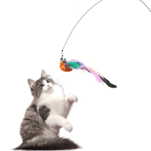CUSROS Bissfestes Katzenspielzeug, Katzenübungsspielzeug, Katzenstockspielzeug, interaktives, abnehmbares Katzenspielzeug mit Zauberstab und austauschbarem simuliertem Vogelhaustierbedarf Mehrfarbig von CUSROS
