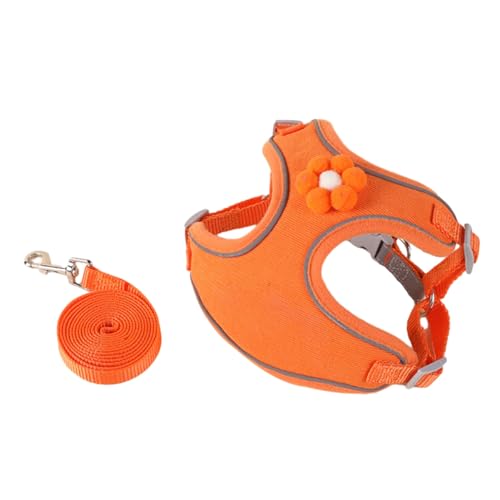 Haustier-Leine-Geschirr-Set, mit Blumen verziert, für Hunde, Kleiner reflektierender Riemen, nachtsichere Weste mit Dekoration, Verstellbarer Brustgurt, Schnellverschluss-Schnalle, Step-in Orange S von CUSROS