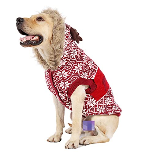 CUTIECLUB Weihnachtspullover für Hunde, warm, Plüschjacke, mit Kapuze, niedliches Weihnachtsgeweih-Mütze, Muster für Welpen, Hunde, Katzen, Haustiere, Rot, 2XL von CUTIECLUB
