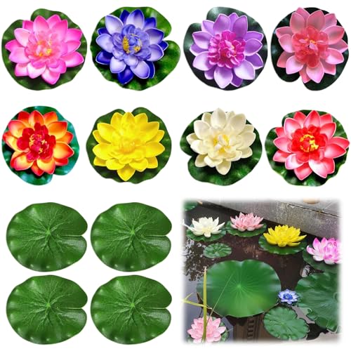 CUVZORA 12 Stück Realistischen Künstliche Lotusblumen und Lotusblättern, Schwimmende Seerose Klein,8 Farben künstlich Seerosen Deko, Ideal für Aquarium, Garten, Teichdeko und Brunnen Deko Draußen von CUVZORA