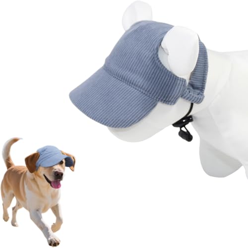 CUVZORA Hunde Baseballmütze, Verstellbarer Sonnenhut aus Cord mit breitem Schirm & Ohrlöchern, atmungsaktiver UV-Schutz für kleine Hunde (Blau) von CUVZORA