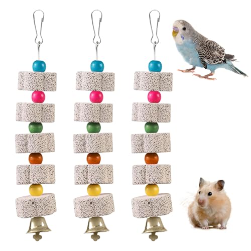 CVASNF 3 Stück Große Vogel Kauspielzeug, Mineralstein-Backenzahn-Spielzeug mit Glocke Hängende Papagei Vogel Zähne Schleifstein Kalkstein für Wellensittiche Kakadu Sittich Lovebird von CVASNF