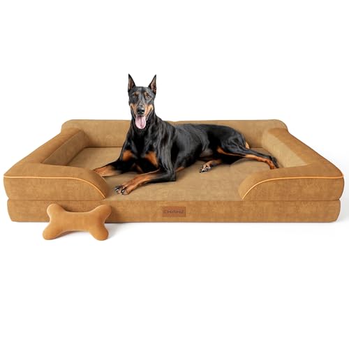 CWAWZ XXL Hundebett - Riesiges orthopädisches kühlendes Gel-Memory-Foam, wasserdicht mit abnehmbarem Bezug, 134,6 cm Schlafsofa, holländischer Samt mit Knochenspielzeug, Braun von CWAWZ