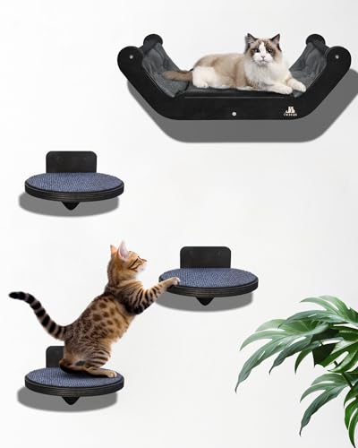 Katzenwandregale aus Holz mit 3 Stufen - Platzsparendes Wandmontiertes Katzenbaum-Set, Moderne Kletterwandmöbel & DIY Regale Kit für kleine Wohnungen, Katzenbett zum Schlafen, Spielen und Klettern von CXCDESEV