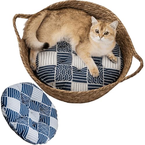 Katzenbett, geflochtenes Stroh-Katzenbett, rund, Weidenkorb, Nest, rutschfest, gemütlich, Kätzchenbett für Katzen, kleine Hunde (mit Kissen, groß) von CXYYXF