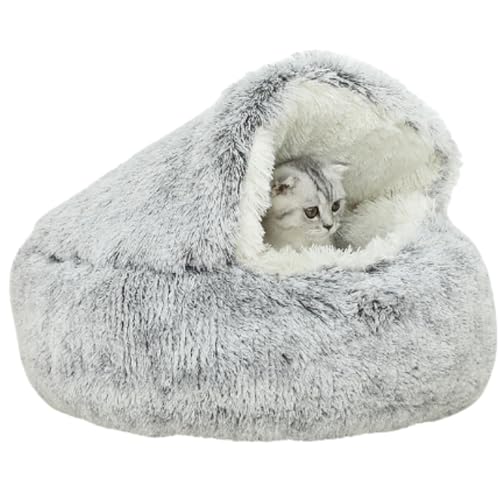 Kleines Hundebett mit Höhle, gemütliches Katzenhöhlenbett, rundes Welpenbett mit Kapuze, Katzenbetten für Innenkatzen, waschbar, Hundebetten für kleine Hunde mit rutschfester Unterseite (Grau, M) von CXYYXF