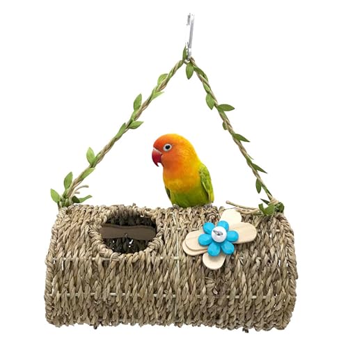 Vogelhaus aus Seegras, Zelt, Papageientunnel mit Löchern und schöner Blumendekoration, natürliche Hängematte, Schaukel, Nest, Vogelkuschel, Hüttenspielzeug für Hamster, Lovebird, Wellensittich von CXYYXF