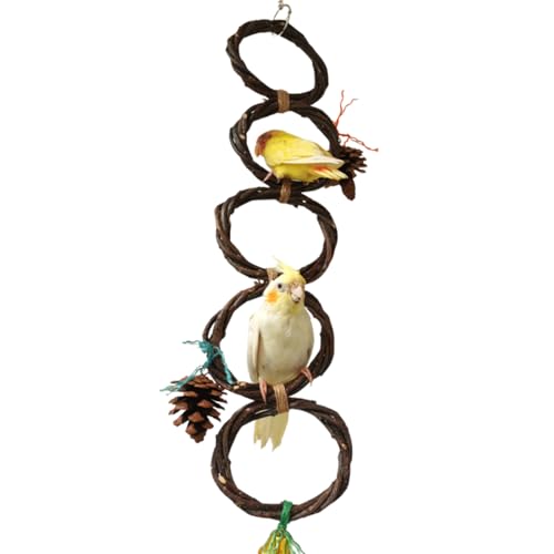 Vogelschaukel-Ständer aus Stroh, zum Aufhängen, Kauspielzeug für Papageien, Vogelspielplatz, Käfigzubehör, Kletterseil, Netzleitern für Futtersuche, Spielzeug (zufällige Farbe) (5 Ringe, einreihig) von CXYYXF