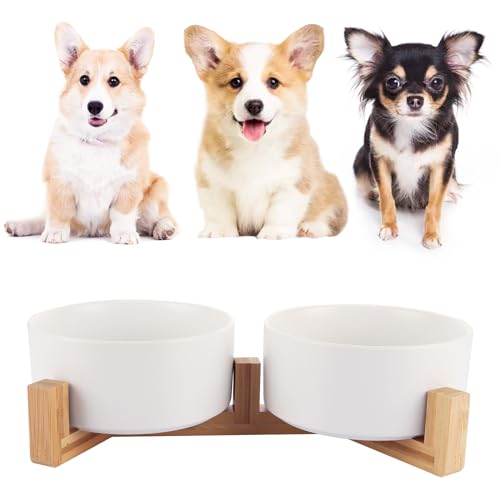 CYEER 2 Stück Doppel Hundenapf für Haustier, 400ML Katzen Futternapf mit Bambus Ständer, Futternapf Hund Hundenapf Keramik für Hunde/Katzen Wassernapf Hund Keramiknäpfe-Weiß von CYEER