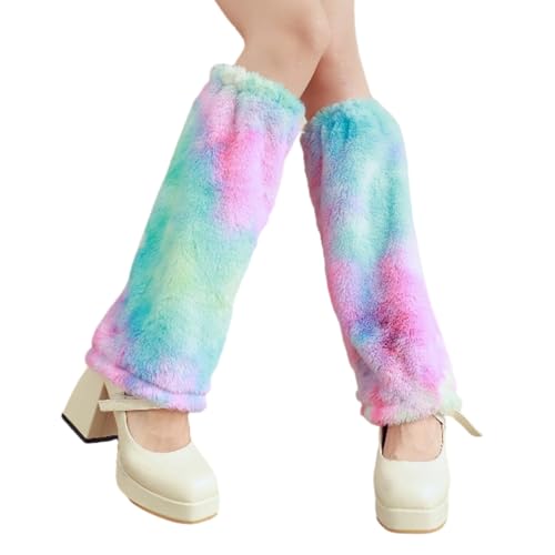 CYILPR Pelzige Beinwärmer Winterkleidung Für Alltagsoutfits Festivals Frauen Bunte Batikfärbung Plüsch Stiefelmanschetten Fußlose Socken von CYILPR