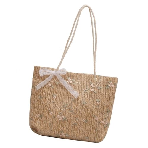 CYILPR Stilvolle Handtasche aus Stroh mit Spitzenüberzug, geräumige Tragetasche mit Blumenstickerei, Schultertasche für den Urlaub, braun von CYILPR