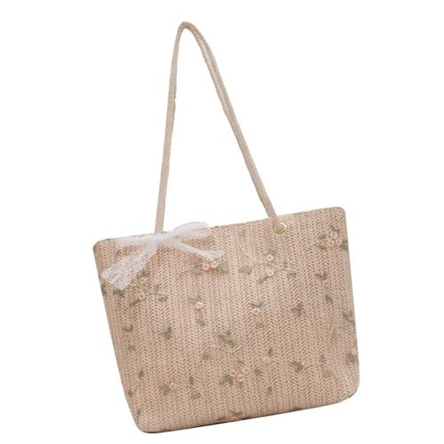 CYILPR Stilvolle Handtasche aus Stroh mit Spitzenüberzug, geräumige Tragetasche mit Blumenstickerei, Schultertasche für den Urlaub, braun von CYILPR