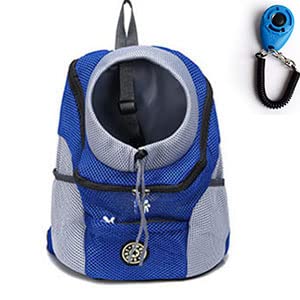 Tragetasche Hund,Hundetasche Doppelter Schulter Hundeträger Rucksack mit Pet Clicker Outdoor atmungsaktive Hundebeutel Frontnetz for Reisen for Kitty-Welpen (Color : Blue, Size : L) von CYMKYQ