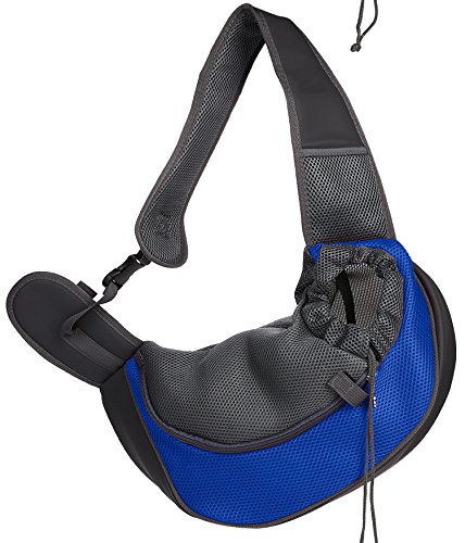 Tragetasche Hund,Hundetasche Outdoor Reise Haustier Puppy Carrier Handtasche Tasche Mesh Oxford Einzelner Umhängetasche Sling Mesh Comfort Reisen Umhängetasche (Color : Blue, Size : L) von CYMKYQ