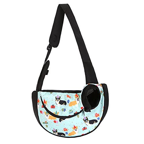 Tragetasche Hund,Hundetasche Outdoor Reise Haustier Puppy Carrier Handtasche Tasche Mesh Oxford Einzelner Umhängetasche Sling Mesh Comfort Reisen Umhängetasche (Color : Corgi Blue, Size : S) von CYMKYQ