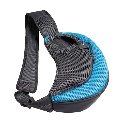 Tragetasche Hund,Hundetasche Outdoor Reise Haustier Puppy Carrier Handtasche Tasche Mesh Oxford Einzelner Umhängetasche Sling Mesh Comfort Reisen Umhängetasche (Color : Sky blue, Size : L) von CYMKYQ